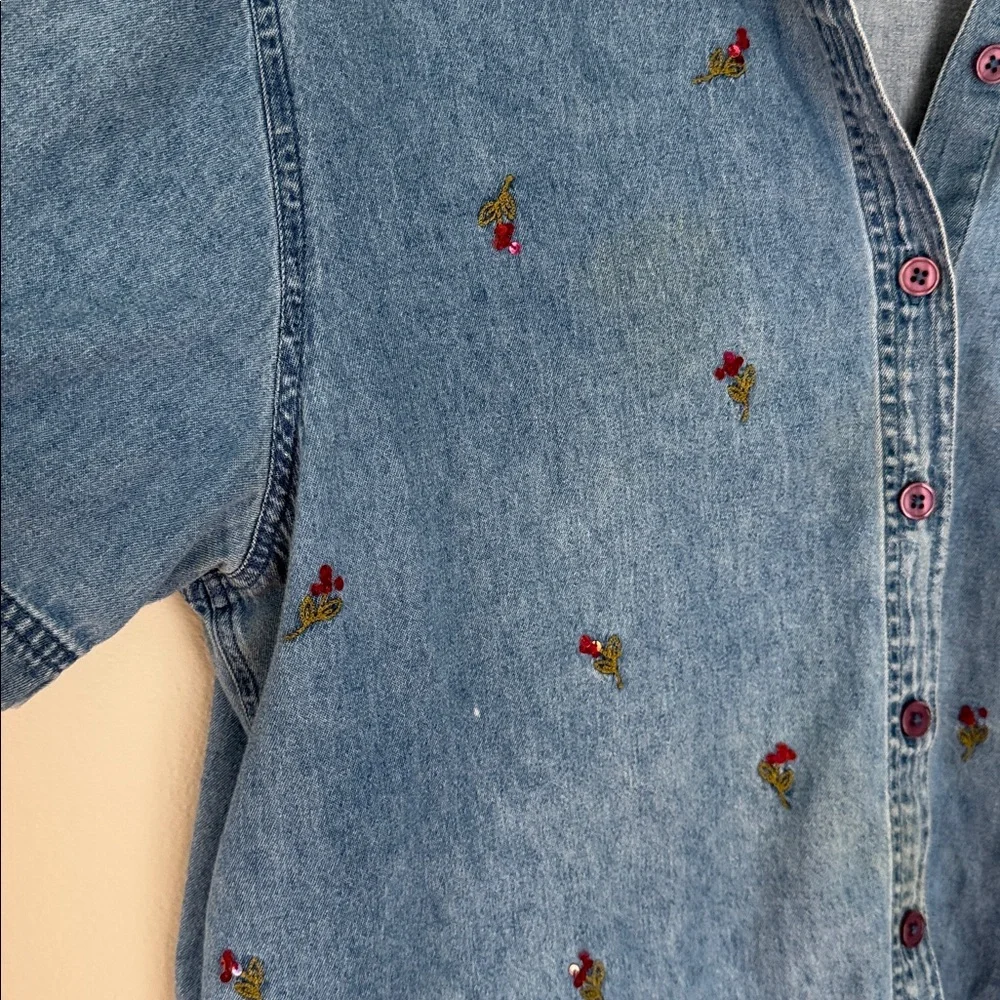 Vintage Lemon Grass Denim Short-Sleeve Shirt Embroidered florals XL - Picture 3 of 6
